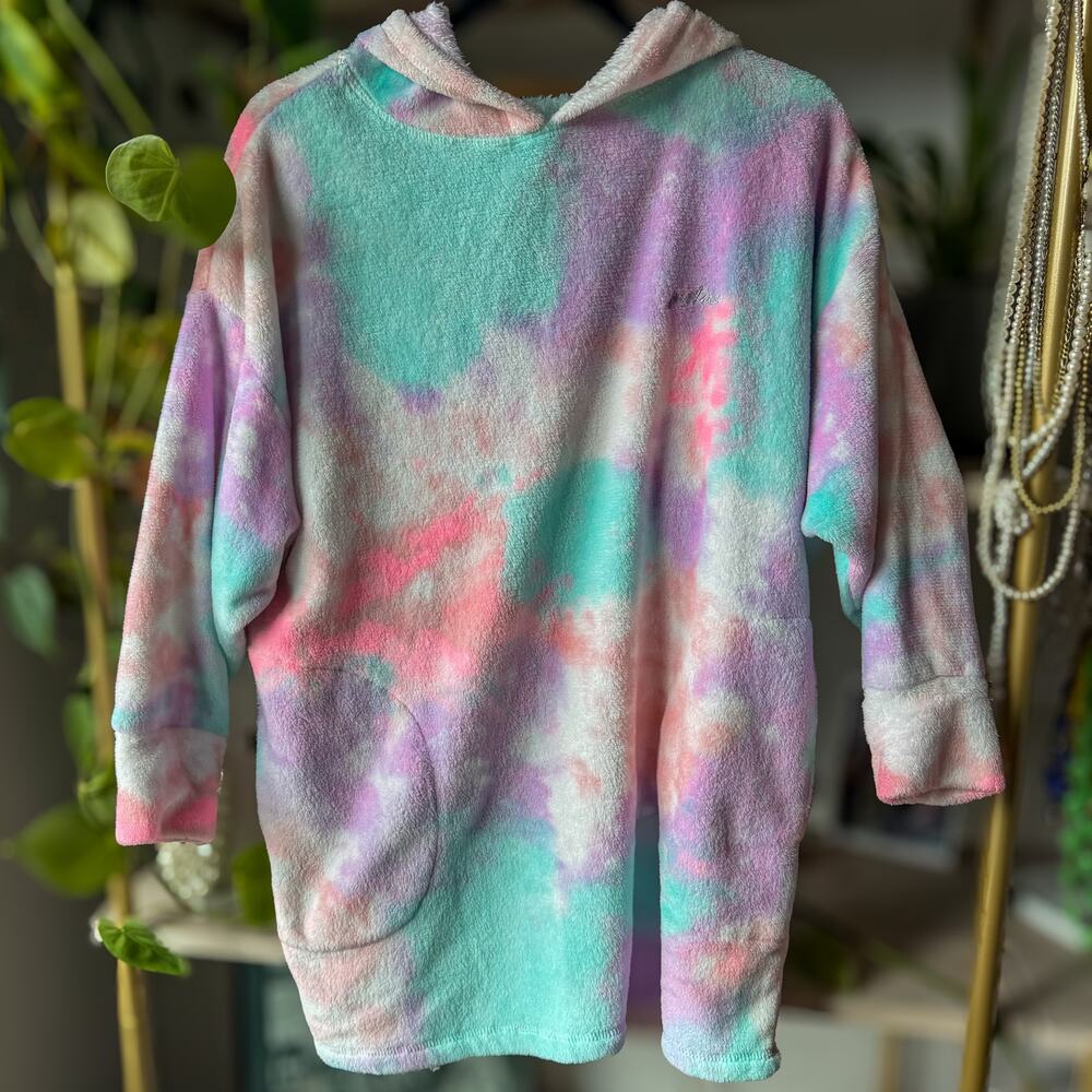 Justice Girls Plush Oversized Hoodie Sleep Shirt Tie Dye Lounge Wear Size S/M